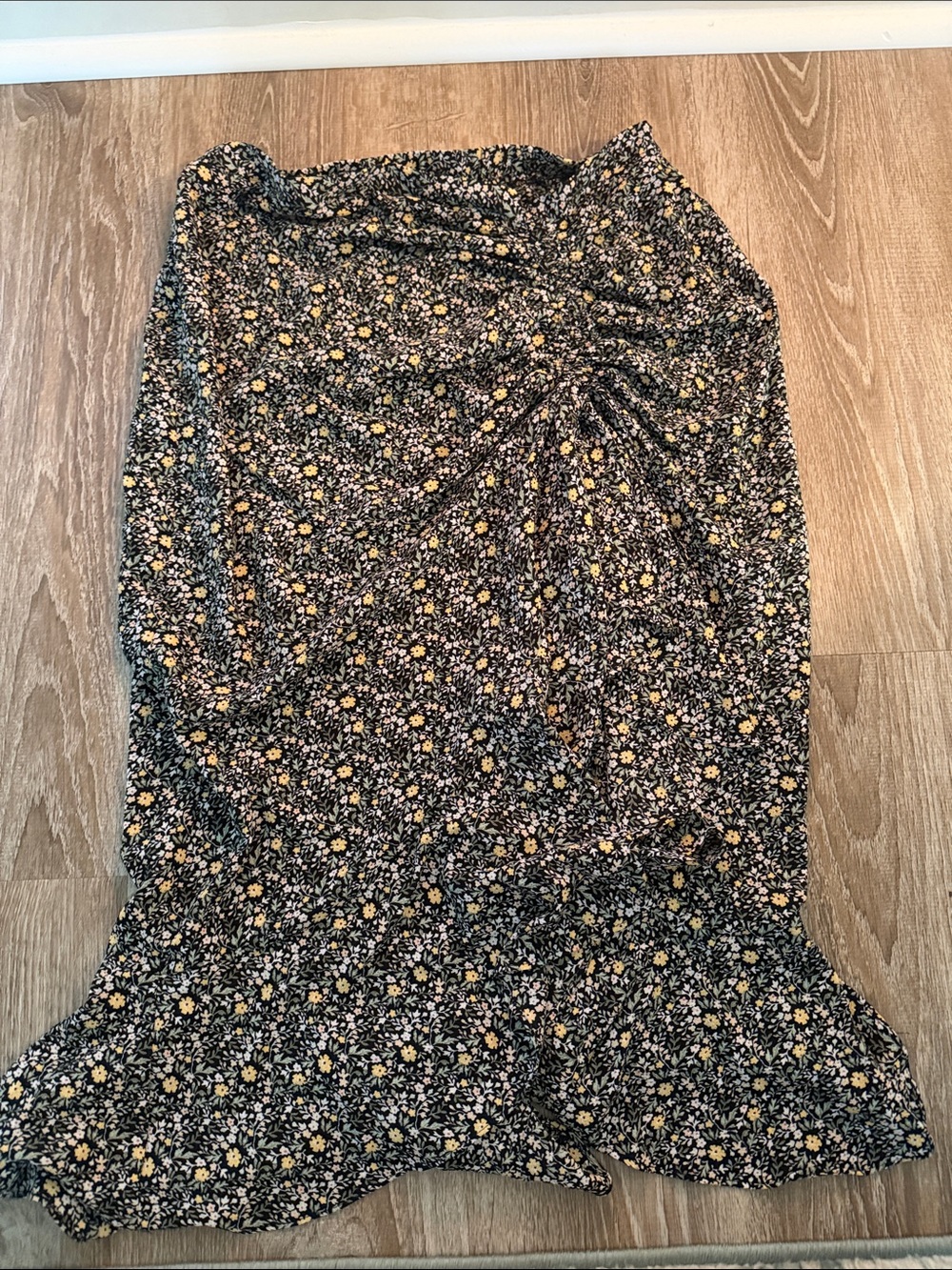 Max Studio Black Floral Midi Skirt with Yellow Accents